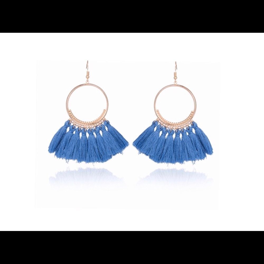Boho Tassel Hoop Earrings-Blue, French Hook, lightweight